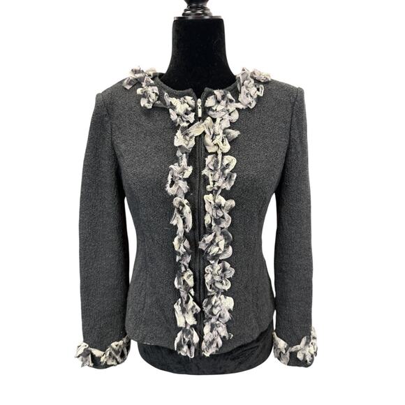 St. John Gray Wool Blend Zip Jacket with Raw Edge Rosette Trim Size 6 - Picture 1 of 12